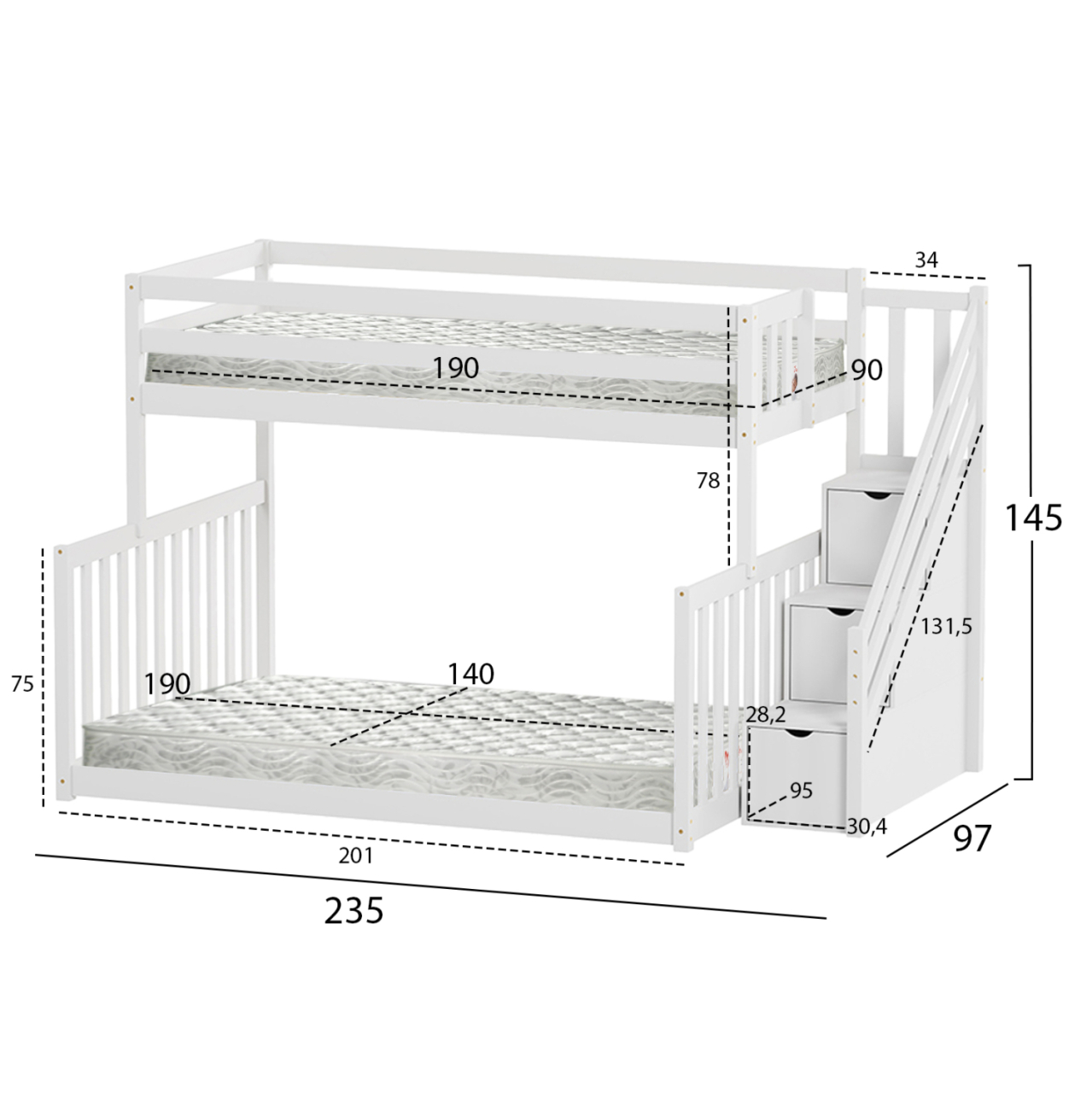 BUNK BED BEAMER HM21320 PINE WOOD IN WHITE--FOR MATTRESSES 90 and 140x190cm. [3]