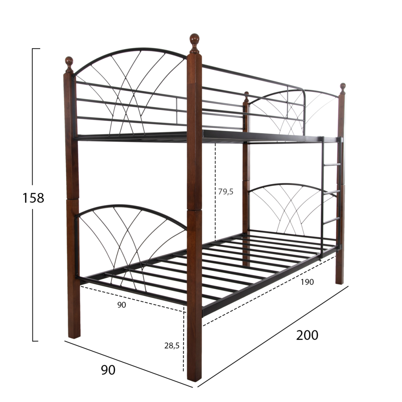 BUNK BED STOREY HM687 BLACK METAL-RUBBERWOOD IN WALNUT-FOR MATTRESS 190x90cm. [2]