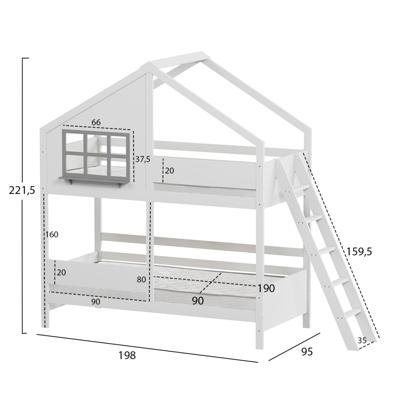 BUNK BED WITH 2 MATTRESSES COMBO HM21316 PINE WOOD IN WHITE--FOR MATTRESSES 90x190cm [3]
