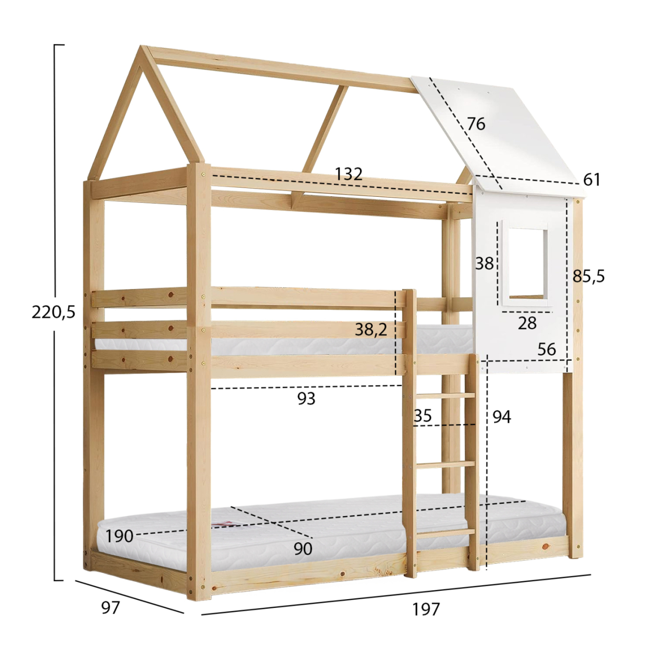 BUNK BED WITH 2 MATTRESSES HOOD HM21314 PINE WOOD IN NATURAL COLOR--FOR MATTRESSES 90x190cm [3]