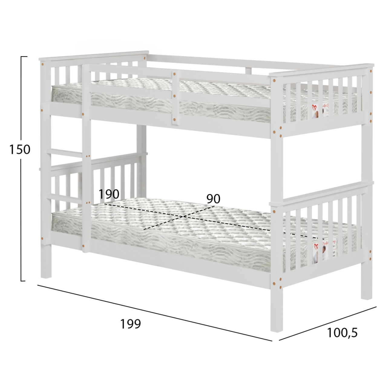 BUNK BED WITH 2 MATTRESSES LANTAI HM21307.01 PINE WOOD IN WHITE--FOR MATTRESSES 90x190cm [3]