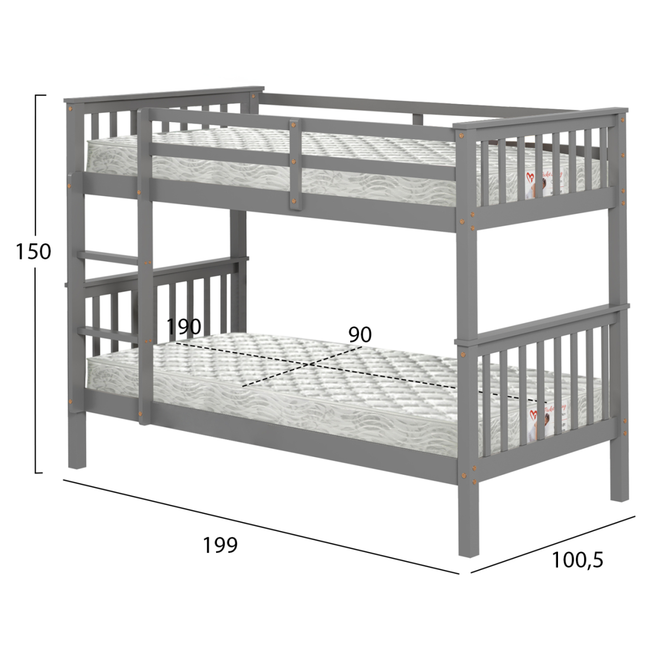 BUNK BED WITH 2 MATTRESSES LANTAI HM21307.02 PINE WOOD IN GREY--FOR MATTRESSES 90x190cm [3]