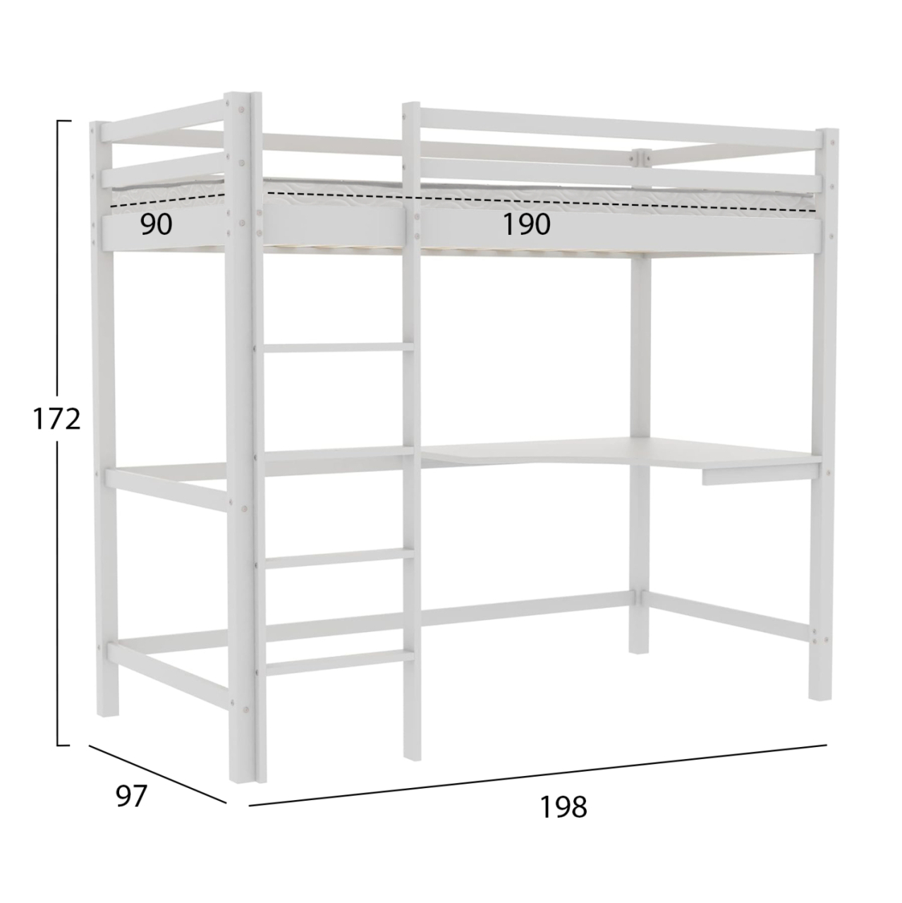 BUNK BED WITH DESK AKRON HM21311.01 PINE WOOD IN WHITE--WITH MATTRESS 90x190cm [3]