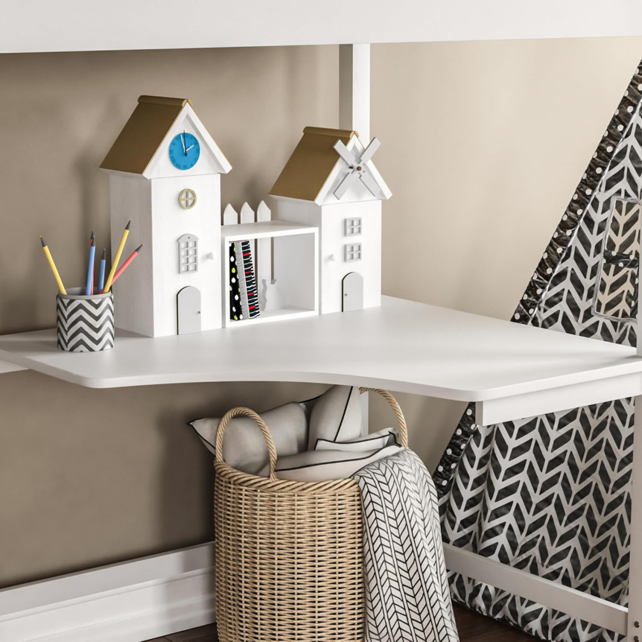 BUNK BED WITH DESK AKRON HM21311.01 PINE WOOD IN WHITE--WITH MATTRESS 90x190cm [6]