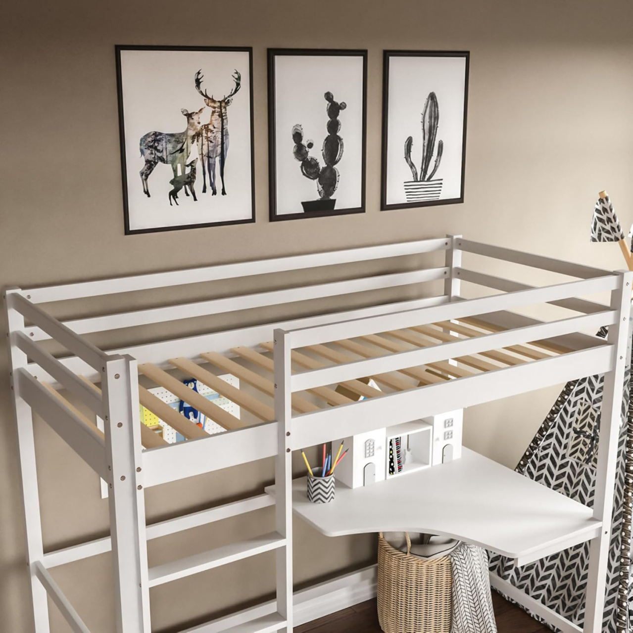 BUNK BED WITH DESK AKRON HM21311.01 PINE WOOD IN WHITE--WITH MATTRESS 90x190cm [7]