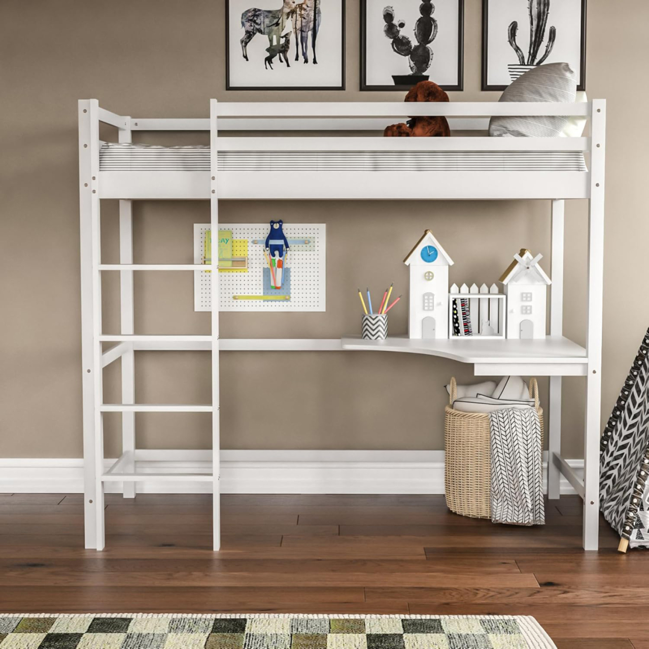 BUNK BED WITH DESK AKRON HM21311.01 PINE WOOD IN WHITE--WITH MATTRESS 90x190cm [5]