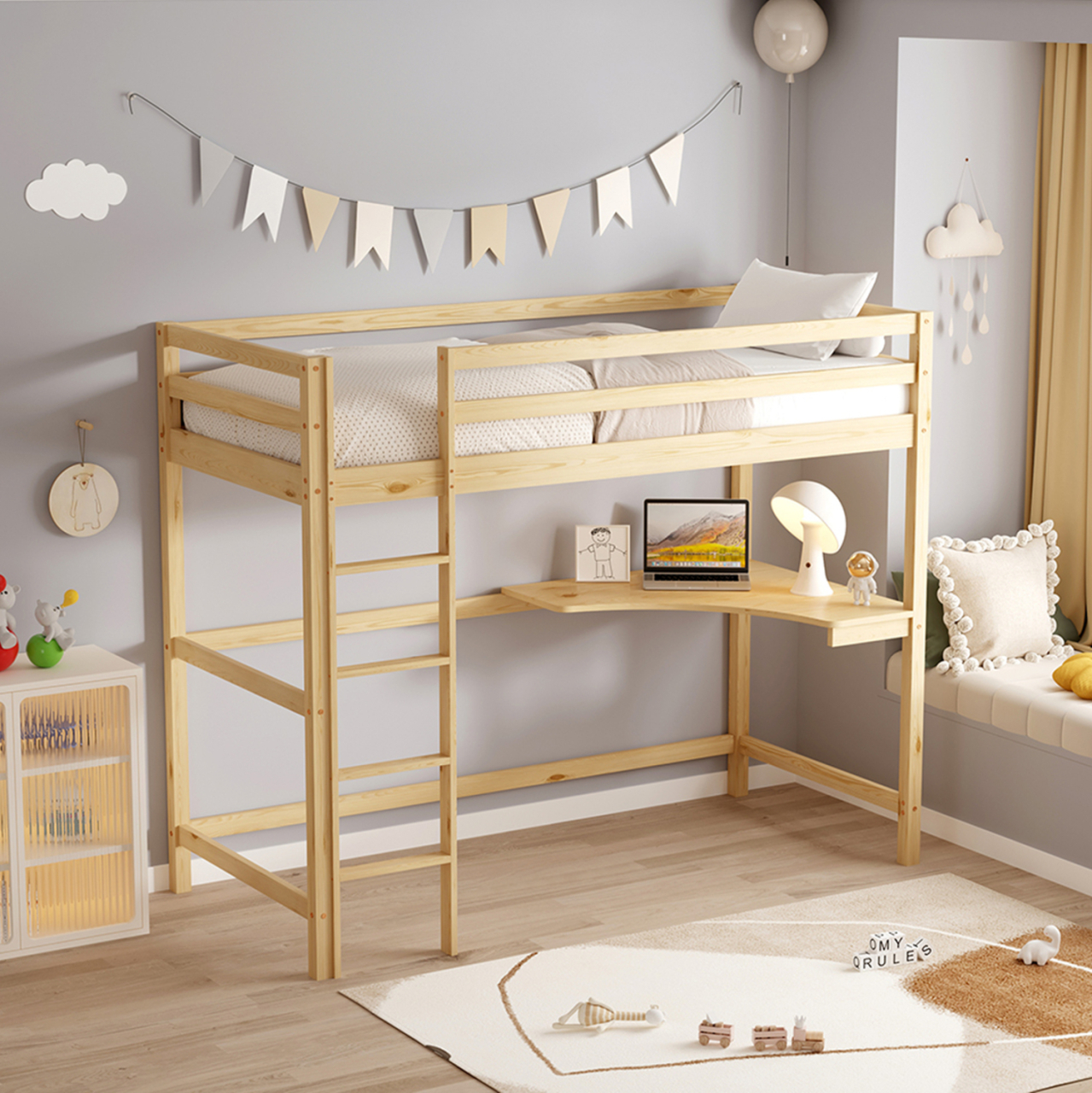 BUNK BED WITH DESK AKRON HM21311 PINE WOOD IN NATURAL COLOR--WITH MATTRESS 90x190cm [2]