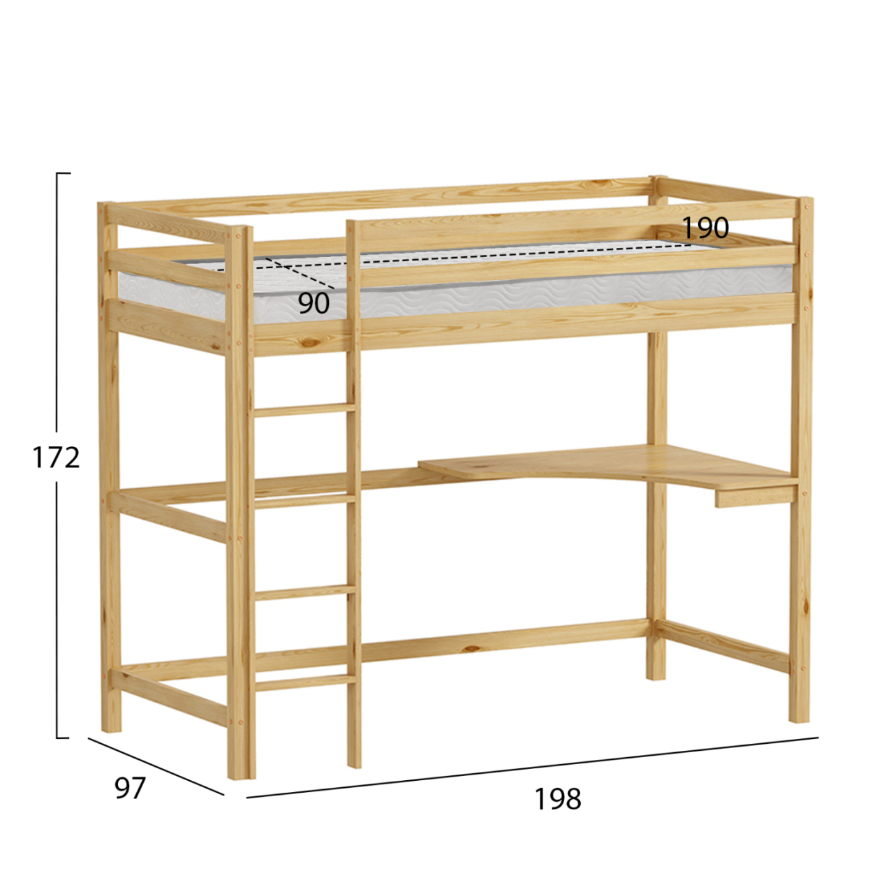 BUNK BED WITH DESK AKRON HM21311 PINE WOOD IN NATURAL COLOR--WITH MATTRESS 90x190cm [3]