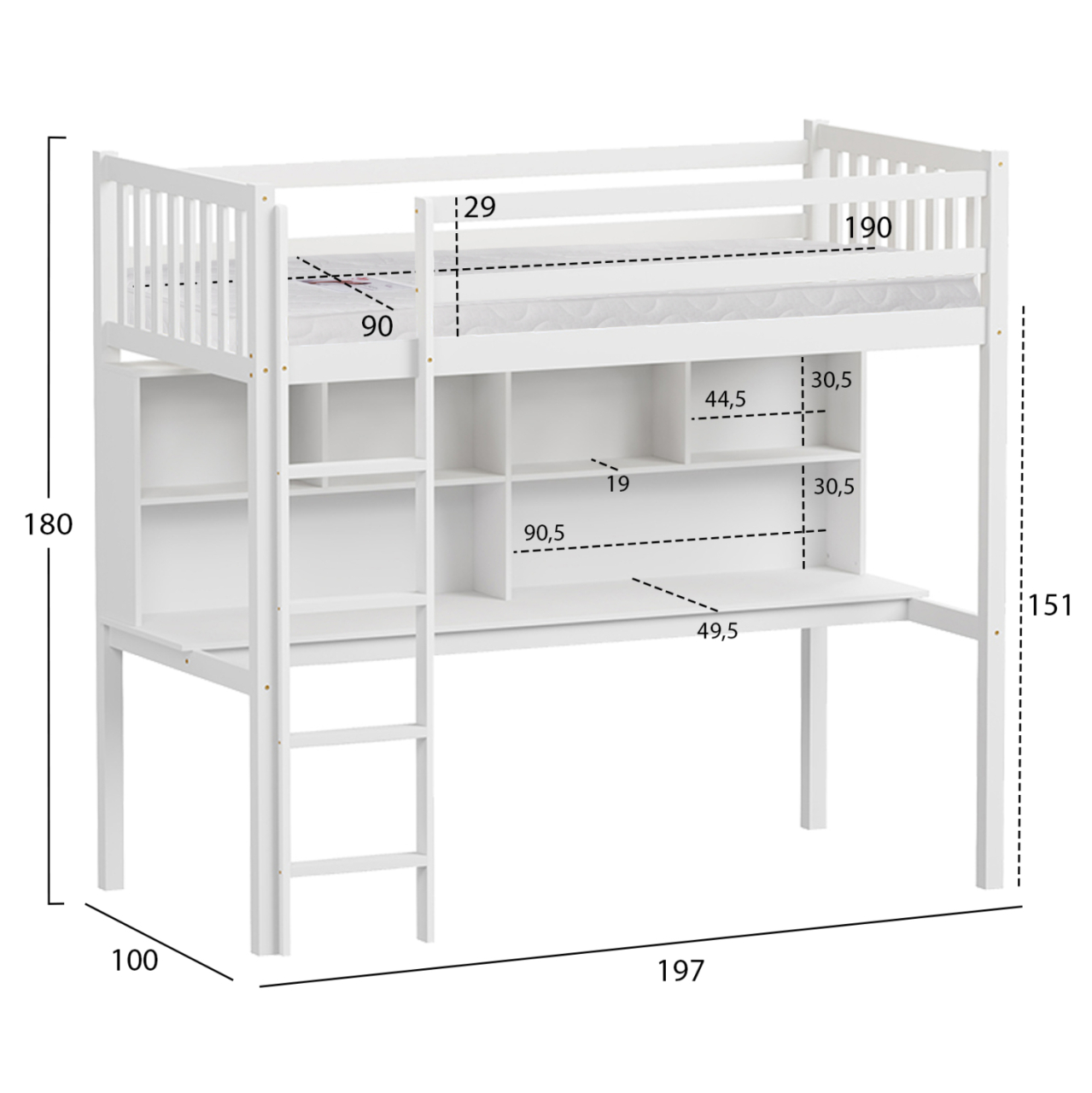 BUNK BED WITH DESK LIBRO HM21317 PINE WOOD IN WHITE--WITH MATTRESS 90x190cm [3]