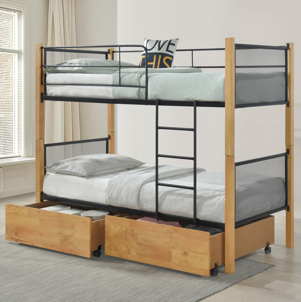 BUNK BED WITH FLOOR DRAWERS and MATTRESSES RAYVEN HM21336.02 WOOD BEECH COLOR-METAL--FOR 90X190cm. [2]