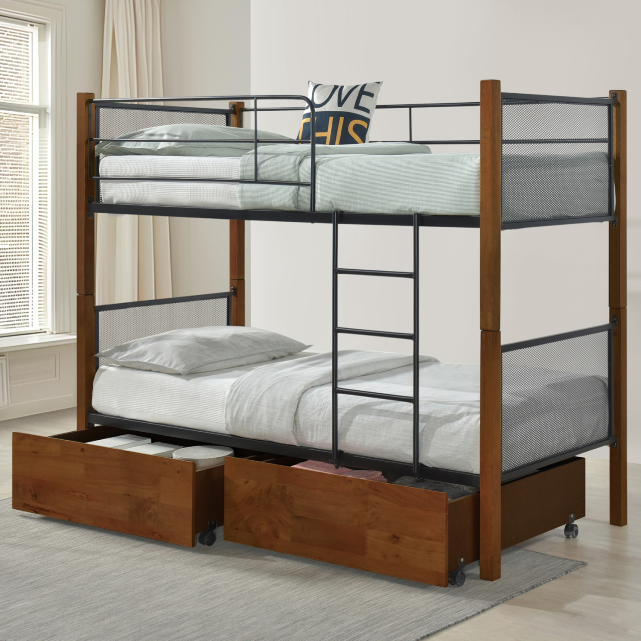 BUNK BED WITH FLOOR DRAWERS and MATTRESSES RAYVEN HM21336 WOOD IN WALNUT-METAL--FOR 90X190cm. [2]