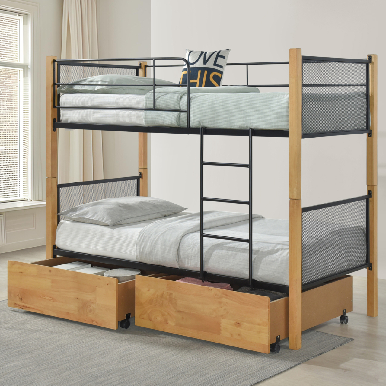 BUNK BED WITH FLOOR DRAWERS RAYVEN HM21119.02 WOOD IN BEECH COLOR-METAL--FOR MATTRESS 90x190cm. [2]