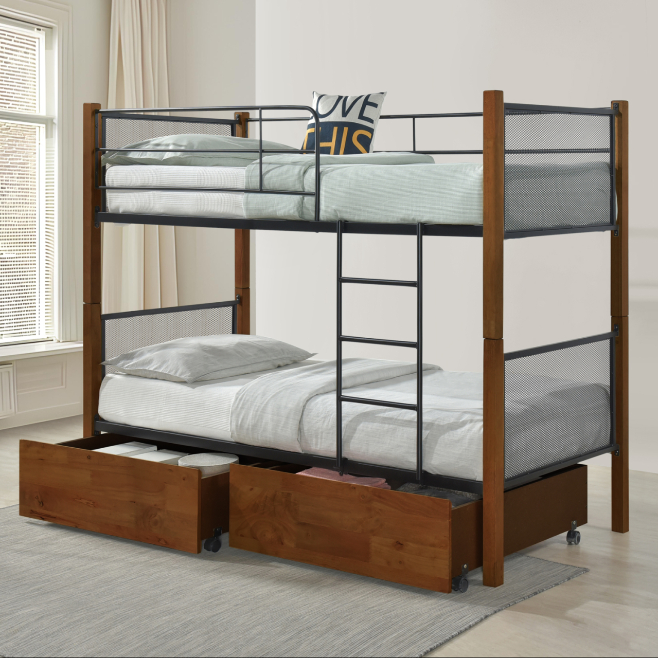 BUNK BED WITH FLOOR DRAWERS RAYVEN HM21119 WOOD-METAL--FOR MATTRESS 90x190cm. [2]