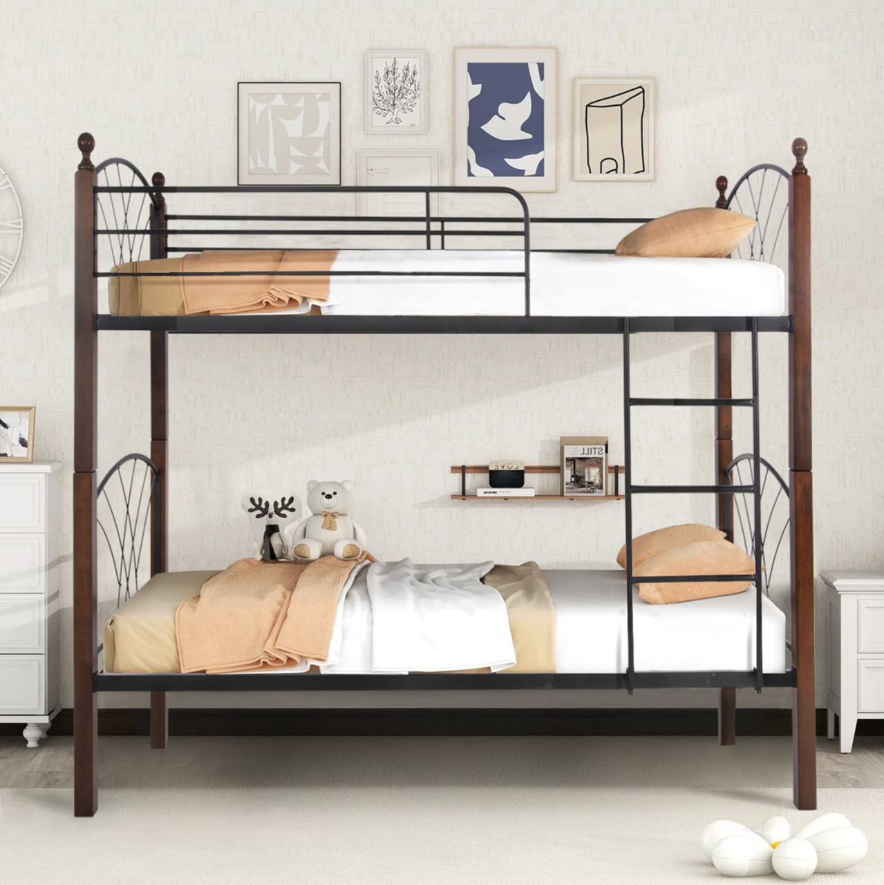 BUNK BED WITH MATTRESSES STOREY HM21334 METAL and RUBBERWOOD IN WALNUT--FOR MATTRESSES 90x190cm. [2]