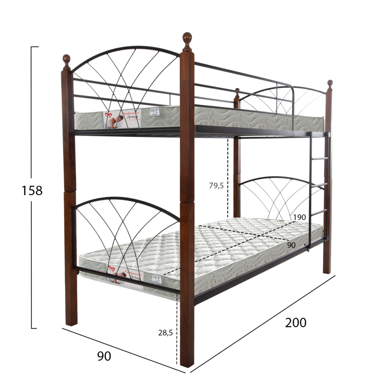 BUNK BED WITH MATTRESSES STOREY HM21334 METAL and RUBBERWOOD IN WALNUT--FOR MATTRESSES 90x190cm. [3]