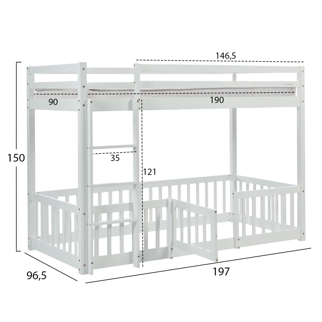 BUNK BED WITH PLAYPARK PLAYKID HM21312.01 PINE WOOD IN WHITE--WITH MATTRESS 90x190cm [3]