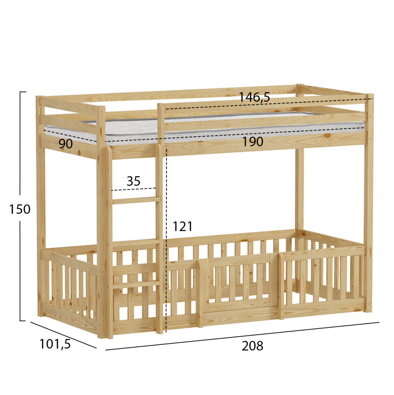 BUNK BED WITH PLAYPARK PLAYKID HM21312 PINE WOOD IN NATURAL COLOR--WITH MATTRESS 90x190cm [3]