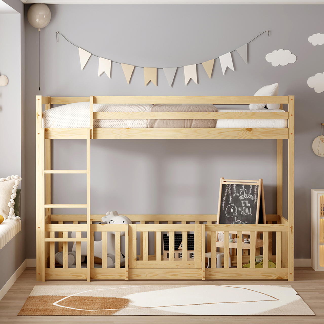 BUNK BED WITH PLAYPARK PLAYKID HM21312 PINE WOOD IN NATURAL COLOR--WITH MATTRESS 90x190cm [5]
