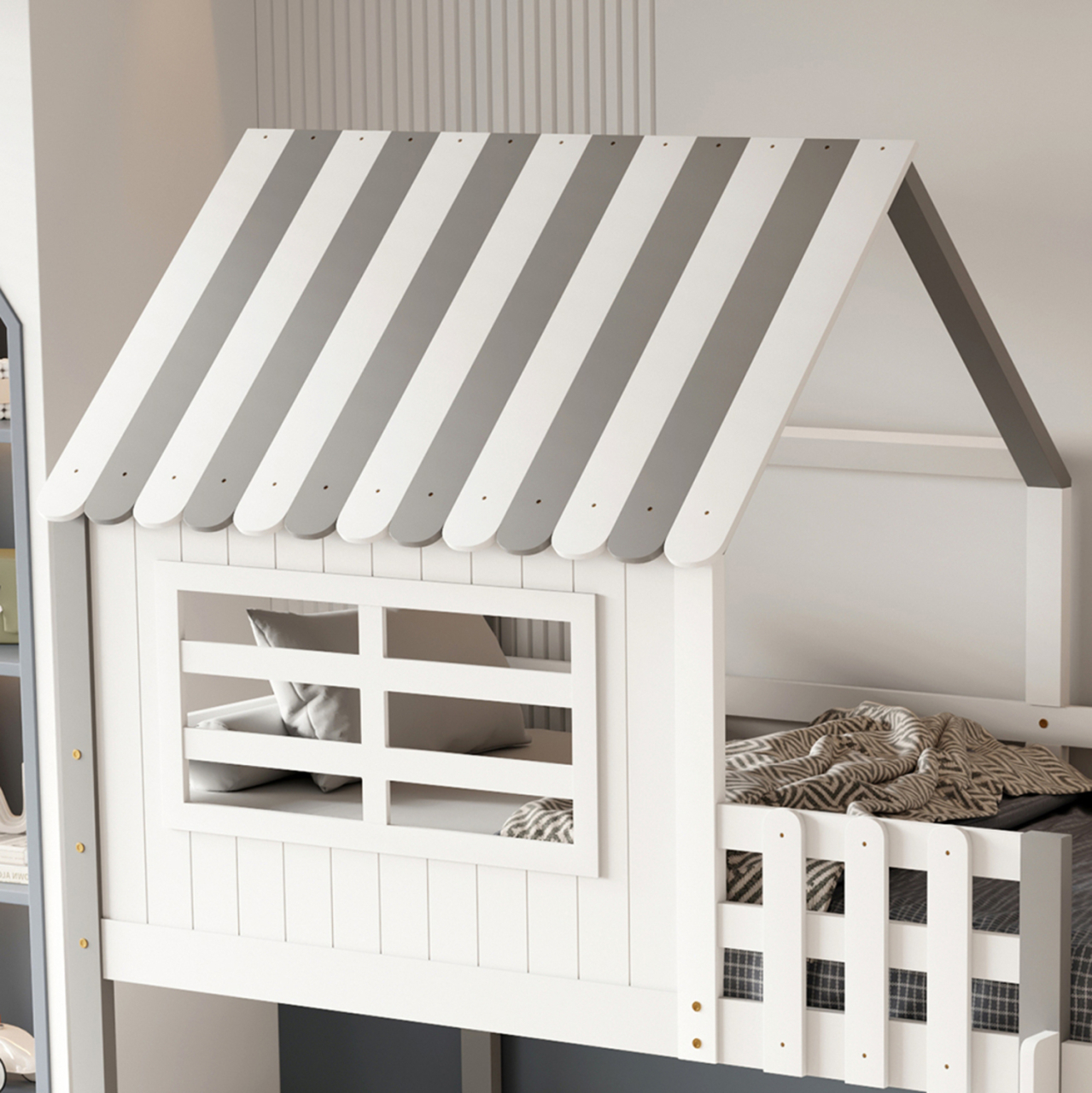 BUNK BED WITH SIDE SHELVES HOMI HM21321 PINE WOOD IN WHITE--FOR MATTRESS 90x190cm. [5]