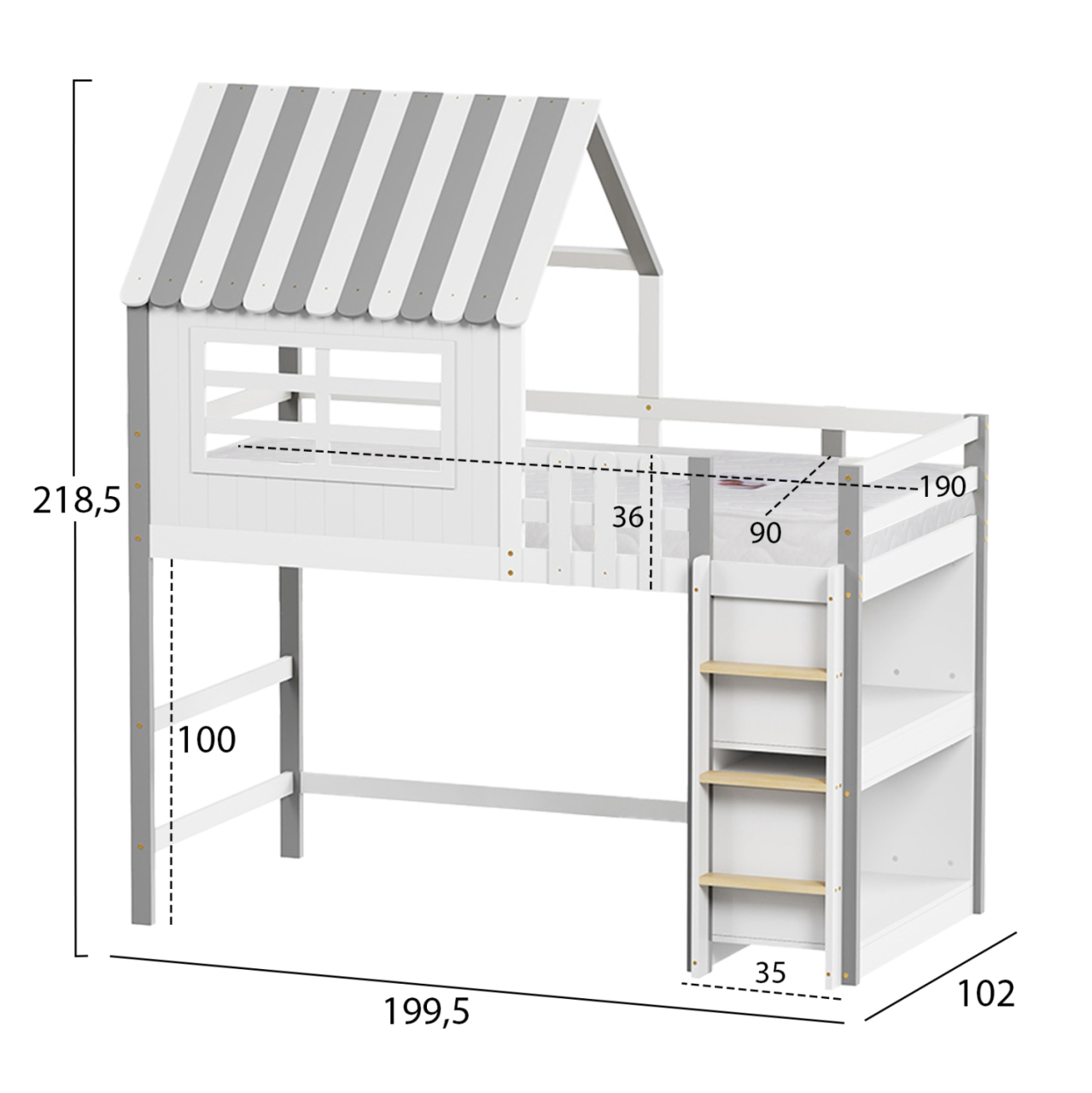 BUNK BED WITH SIDE SHELVES HOMI HM21321 PINE WOOD IN WHITE--FOR MATTRESS 90x190cm. [3]