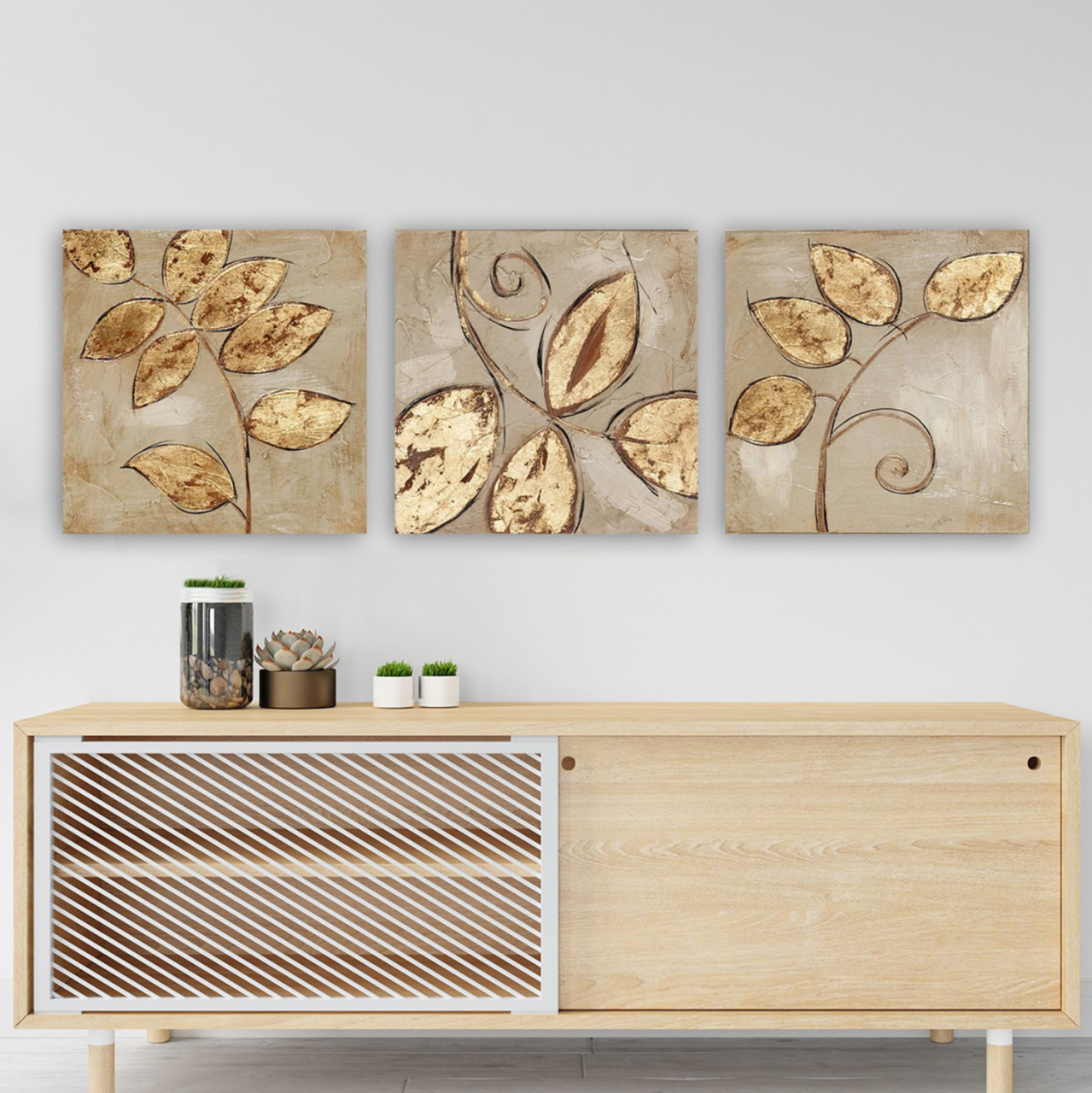 CANVAS PAINTING TRIPTYCH GOLDEN LEAVES HM7327 90Χ3Χ30cm. [2]