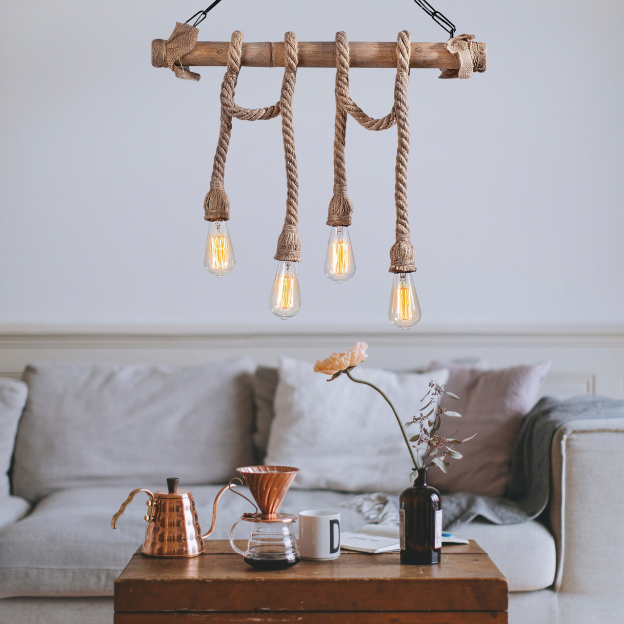 CEILING LIGHT WOODEN WITH ROPE HM7321 65x8x82 cm. [2]