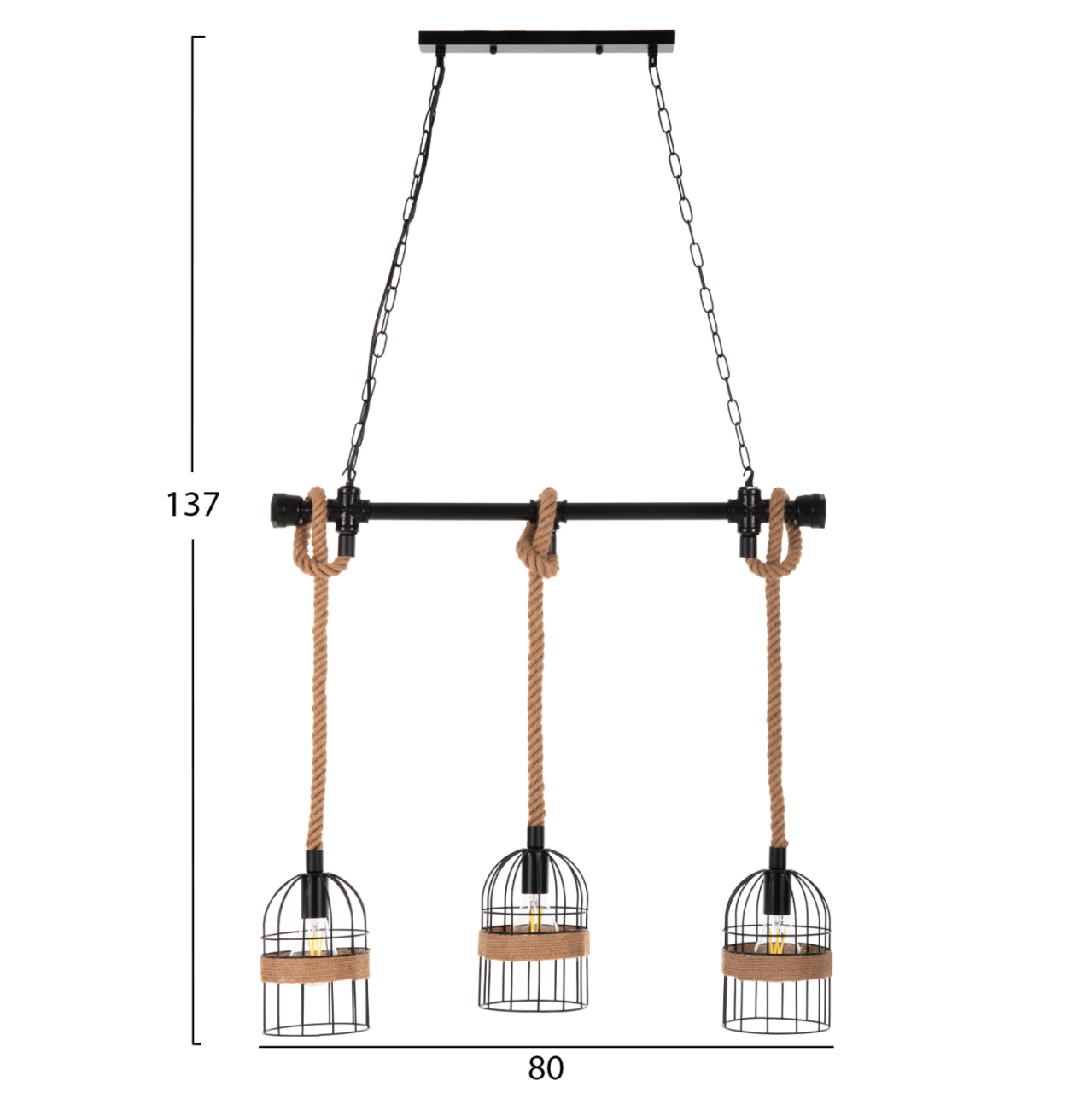 CEILING PENDANT 3-LIGHT LUMINAIRE HM4180 BLACK METAL-NATURAL HEMP ROPE 80x14,5x137Hcm. [2]