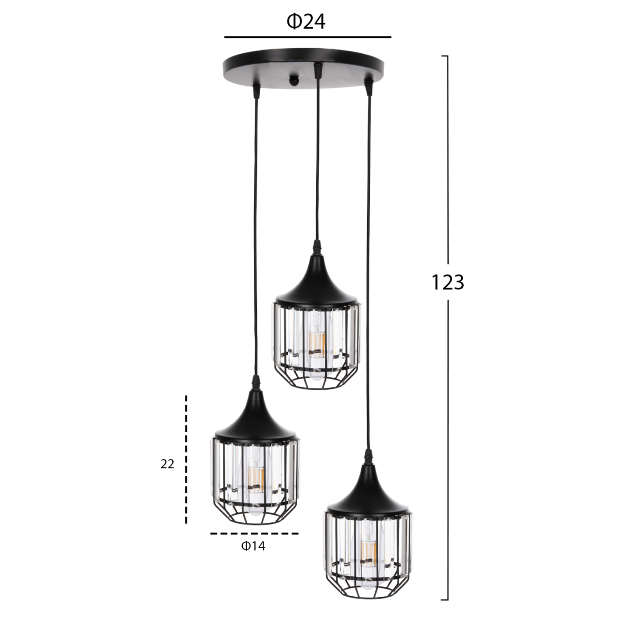 CEILING PENDANT LAMP HM4084 3-LIGHT BLACK METAL-GLASS Φ14x123Hcm. [2]