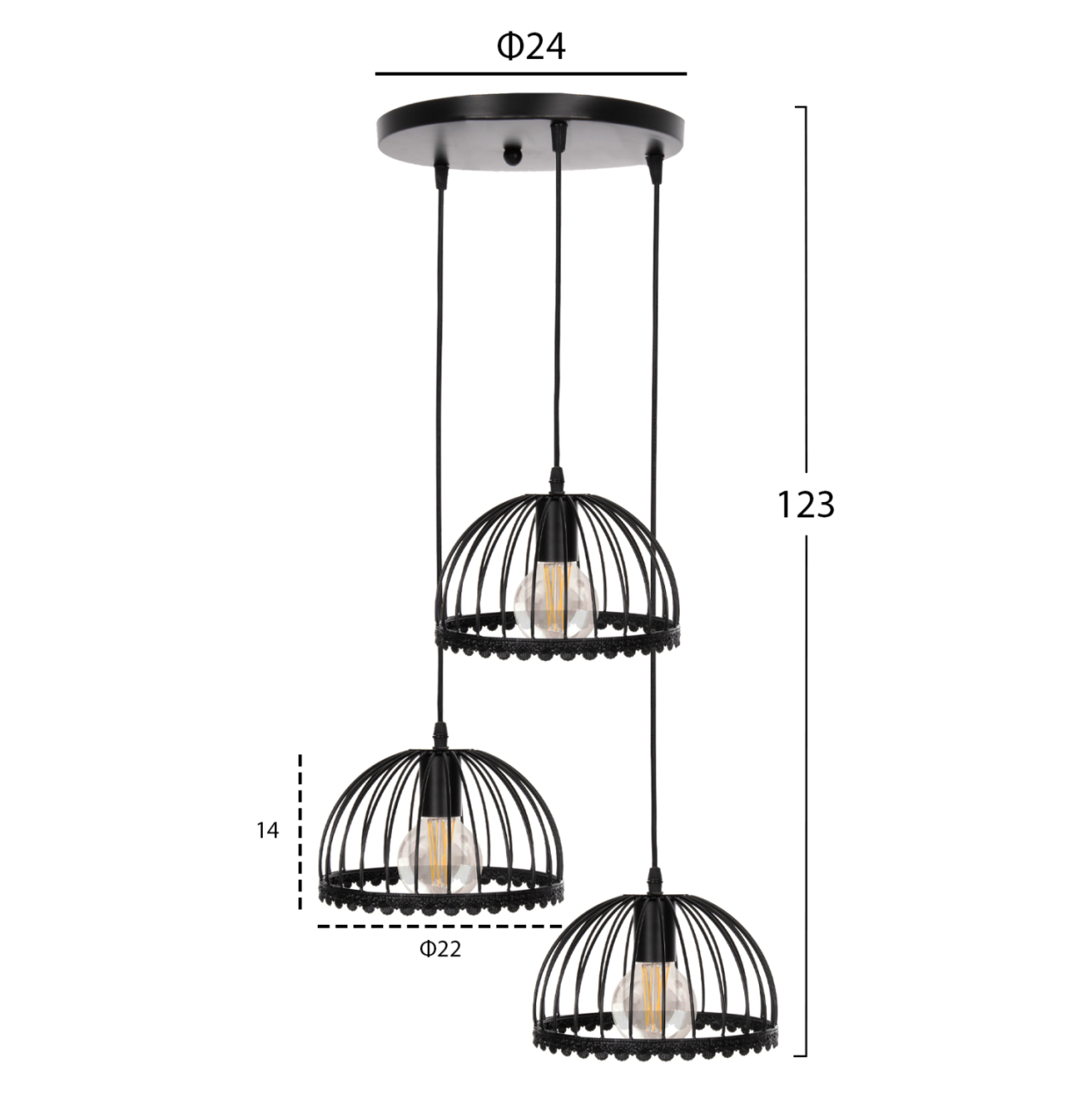CEILING PENDANT LAMP HM4086 3-LIGHT BLACK METAL CAPS LIKE UMBRELLAS Φ22x123Hcm. [2]