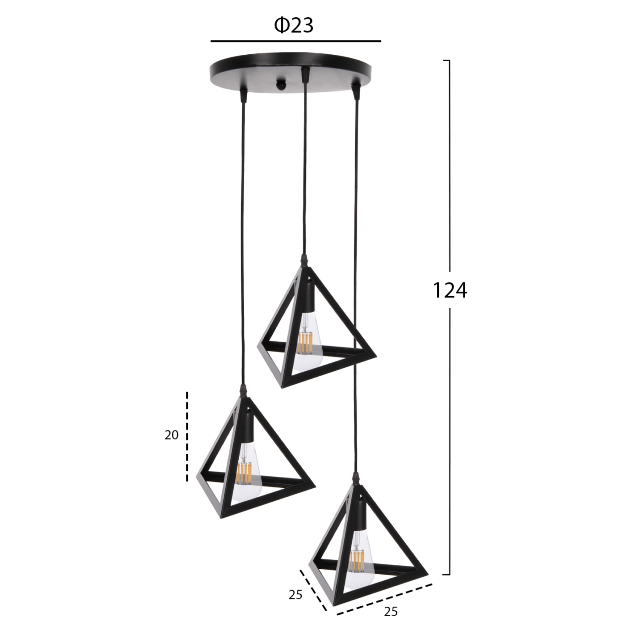 CEILING PENDANT LAMP HM4182 3 BLACK METAL CAPS PYRAMID Φ23x124Hcm. [2]