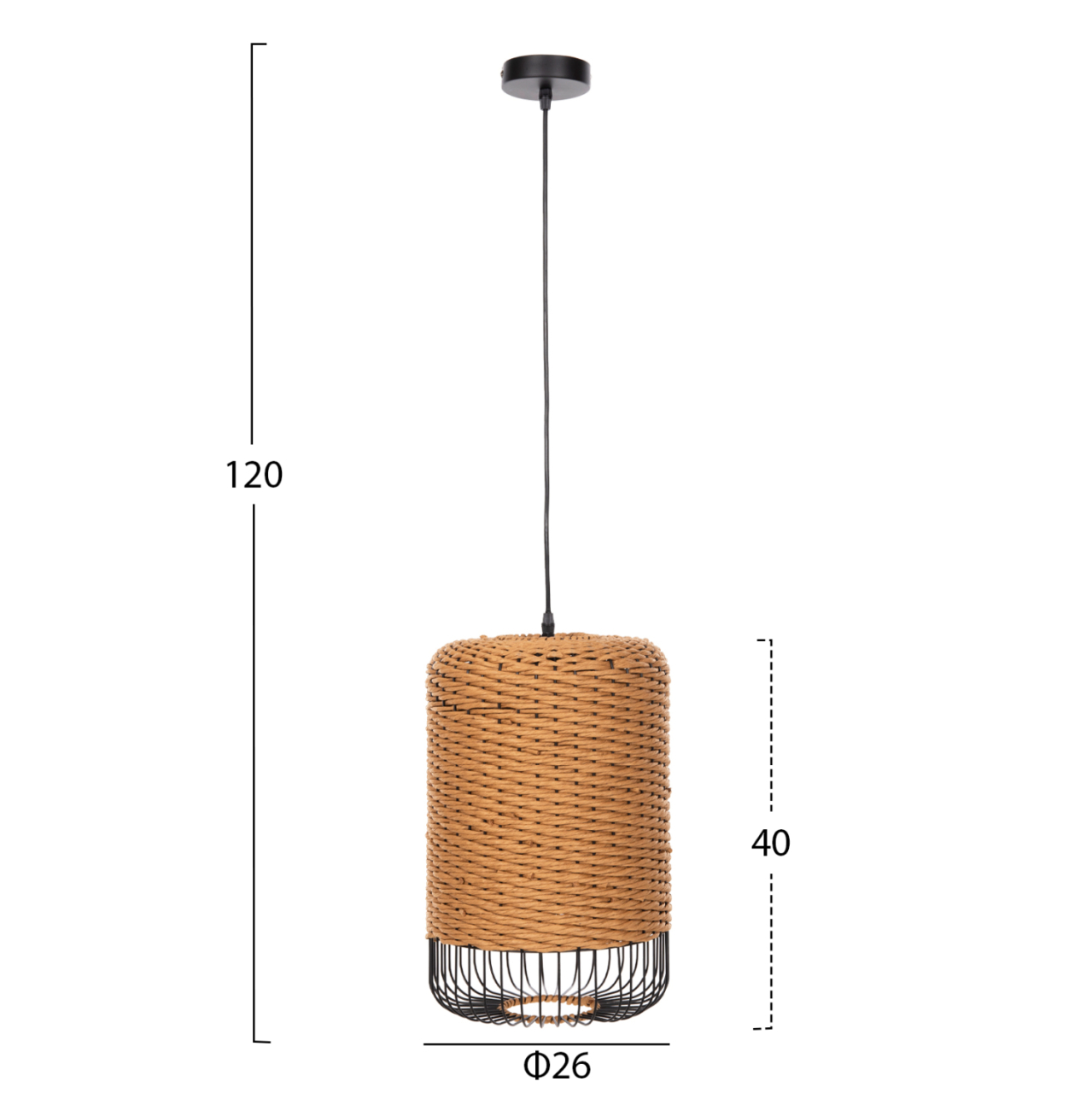 CEILING PENDANT LAMP HM4340 SAND BEIGE PAPER ROPE-BLACK METAL FRAME Φ26x40-120Hcm. [2]