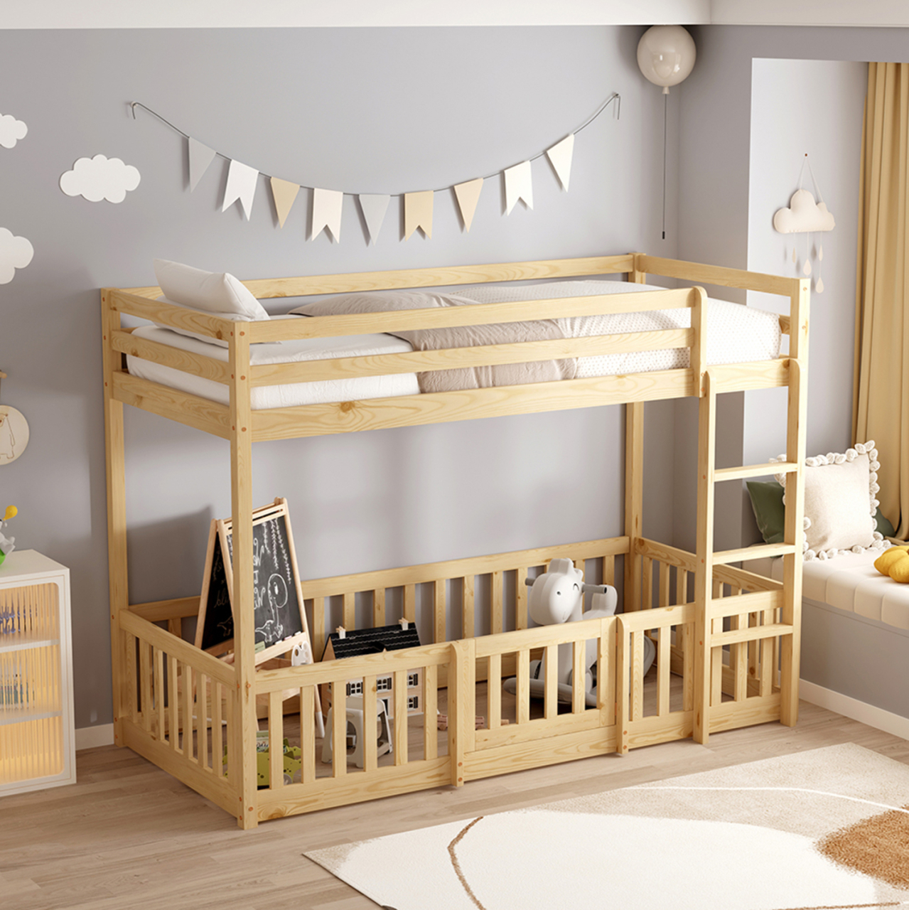 CHILDREN'S BUNKBED t.MONTESSORI PLAYKID WITH PLAYPARK HM703.01 PINE WOOD IN NATURAL FOR 190x90cm.. [2]