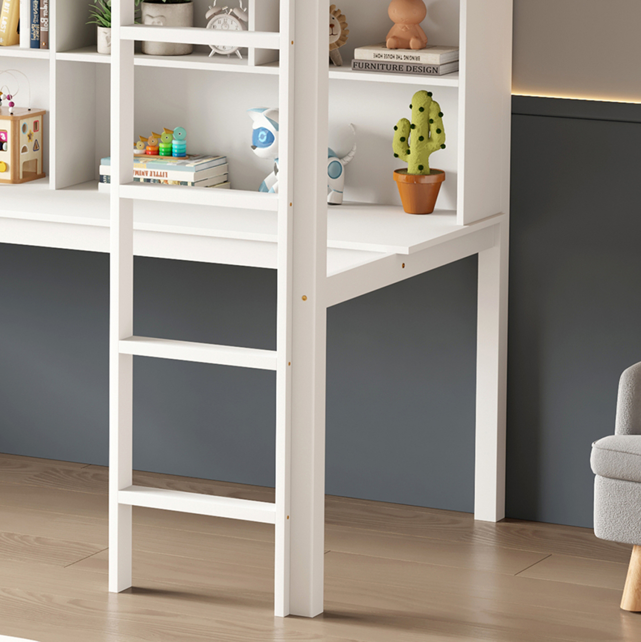 CHILDREN'S BUNKBED t.MONTESSORI WITH DESK and BOOKCASE LIBRO HM708.03 PINE WOOD IN WHITE- 90x190cm. [4]