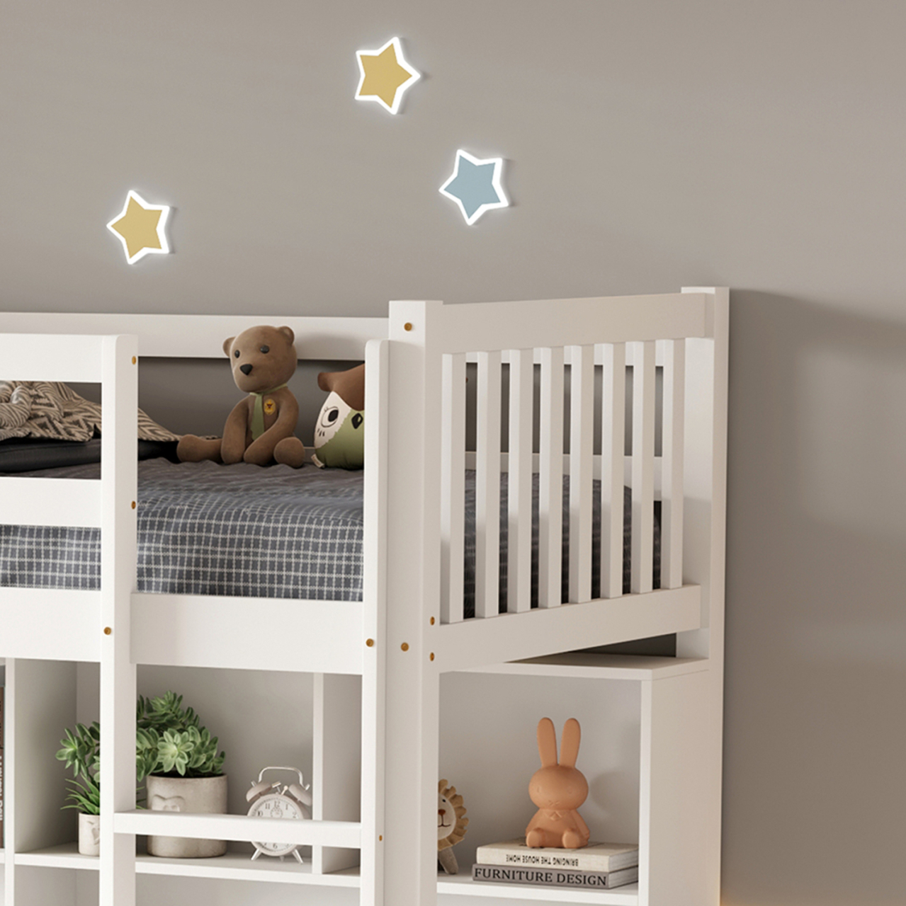 CHILDREN'S BUNKBED t.MONTESSORI WITH DESK and BOOKCASE LIBRO HM708.03 PINE WOOD IN WHITE- 90x190cm. [5]