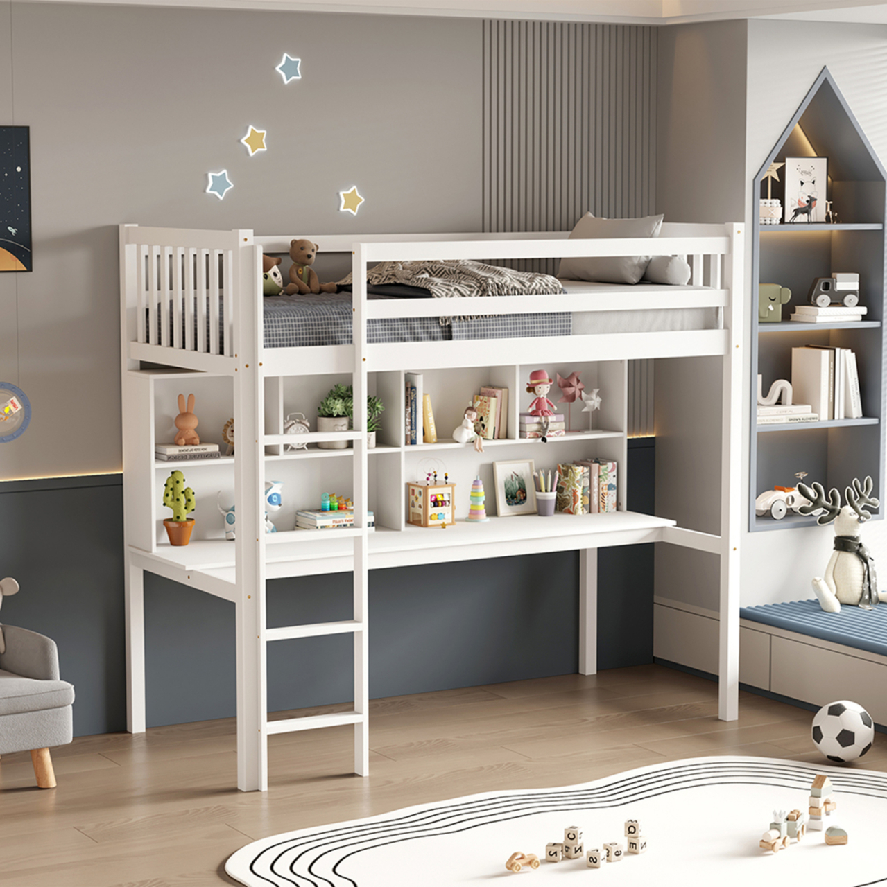 CHILDREN'S BUNKBED t.MONTESSORI WITH DESK and BOOKCASE LIBRO HM708.03 PINE WOOD IN WHITE- 90x190cm. [2]
