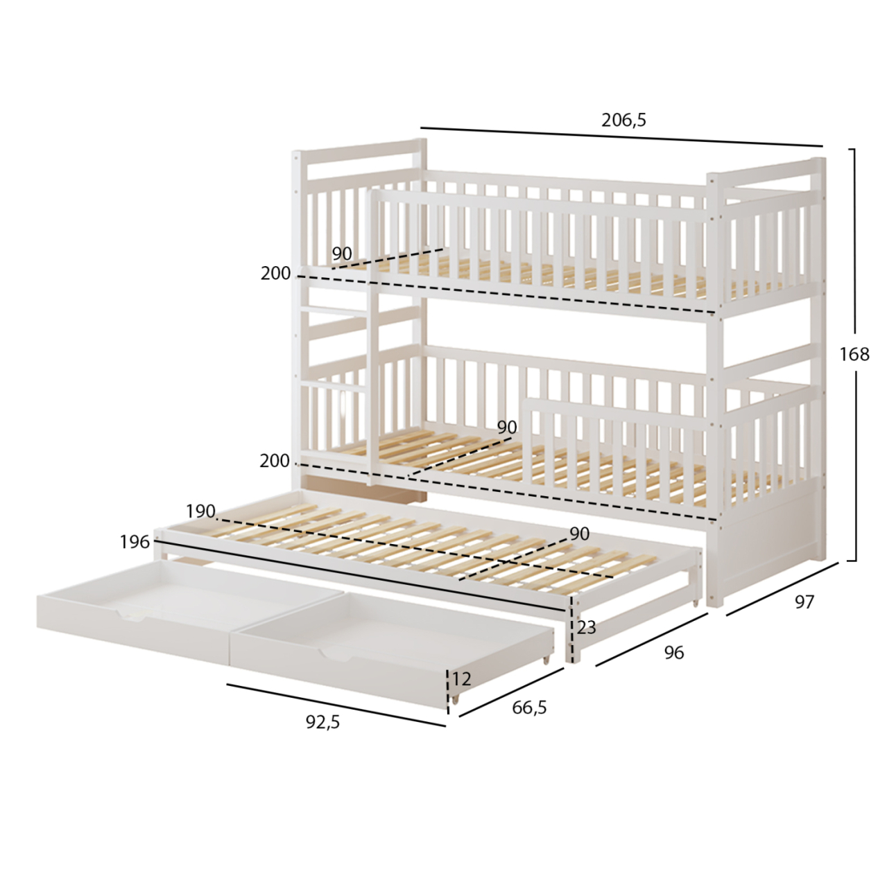 CHILDREN'S BUNKBED WITH 3 BEDS and 2 DRAWERS TRIPLON HM709.03 PINE WOOD 90x190-200cm [2]