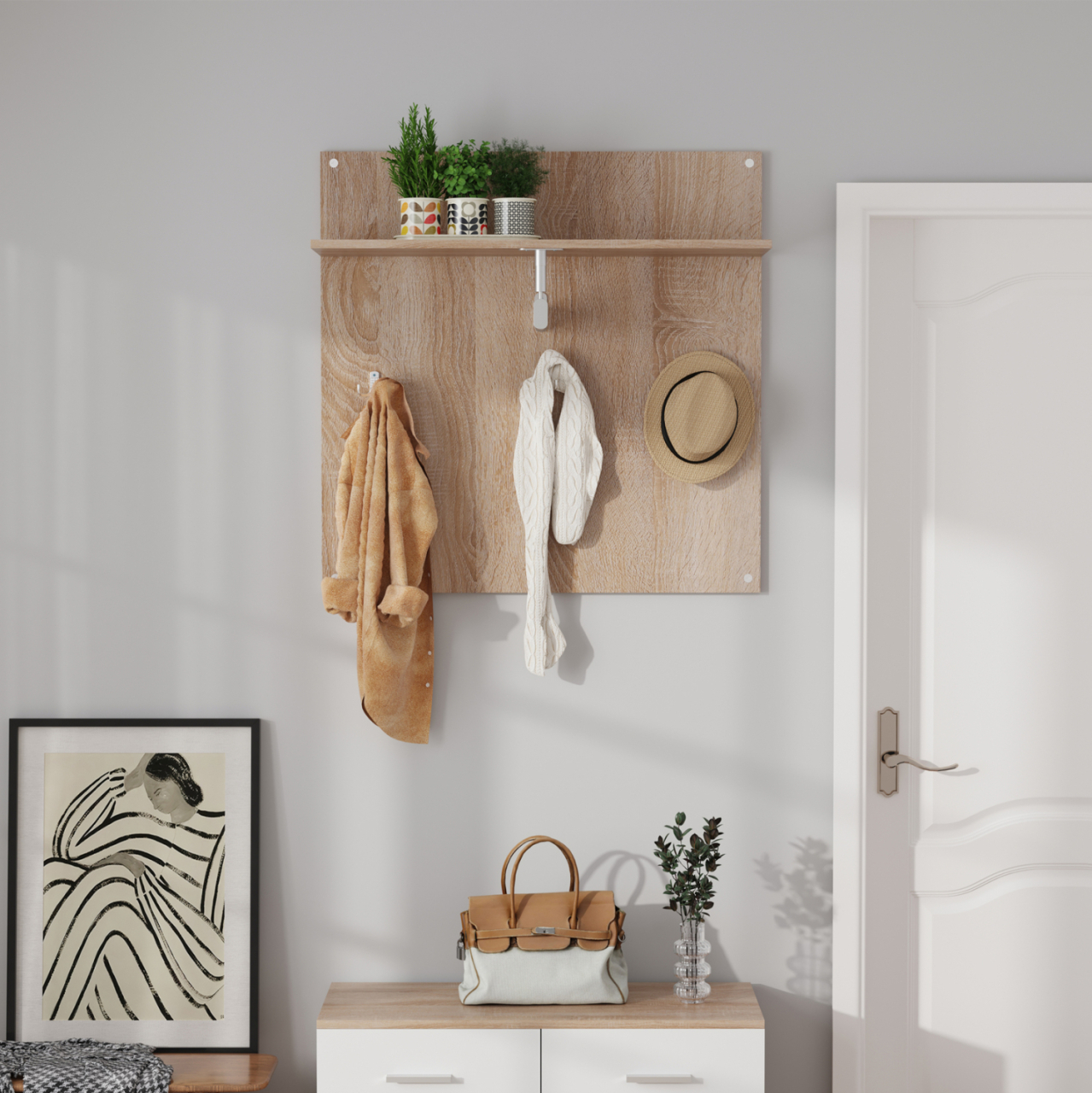 COAT HANGER WITH SHELF HM4361 MELAMINE IN SONAMA COLOR 80x80x25(shelf depth)cm. [4]