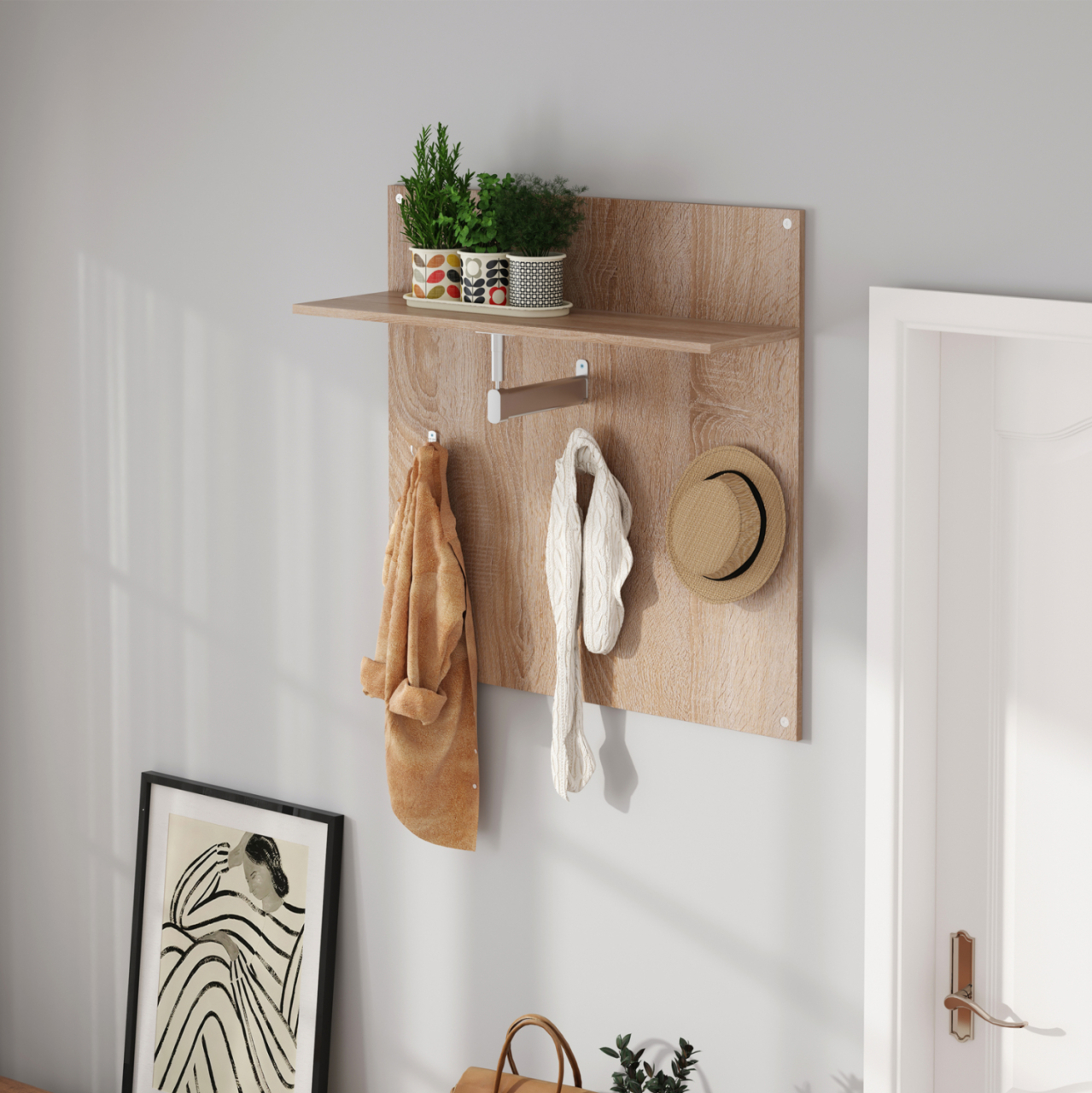 COAT HANGER WITH SHELF HM4361 MELAMINE IN SONAMA COLOR 80x80x25(shelf depth)cm. [3]