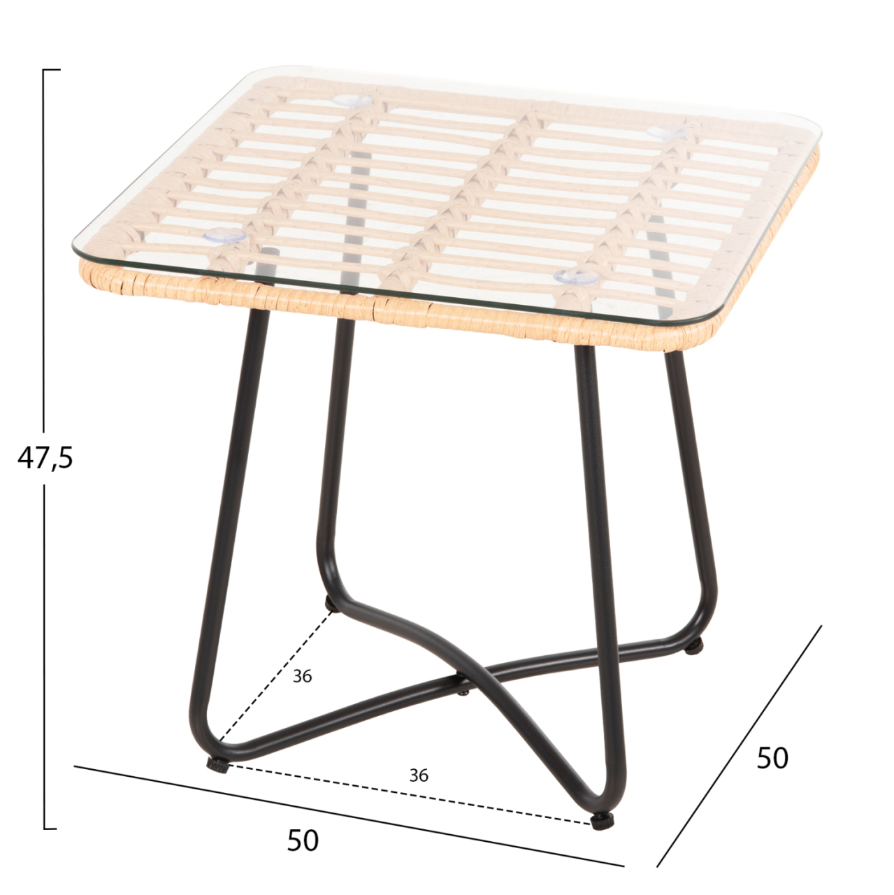 COFFEE TABLE GERRY HM5717.11 P.E.RATTAN IN BEIGE-BLACK METAL FRAME 50x50x47,5Hcm. [2]