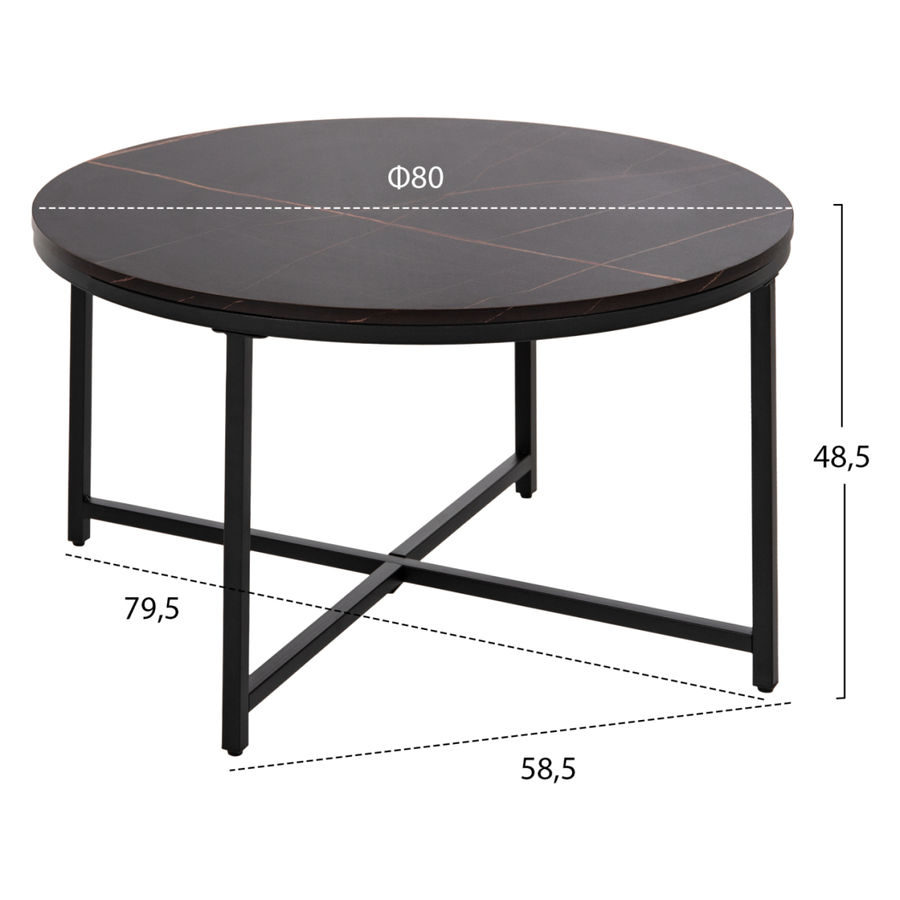 COFFEE TABLE HM9420.03 MELAMINE BLACK MARBLE-BLACK METAL LEGS Φ80x48,5Hcm. [2]
