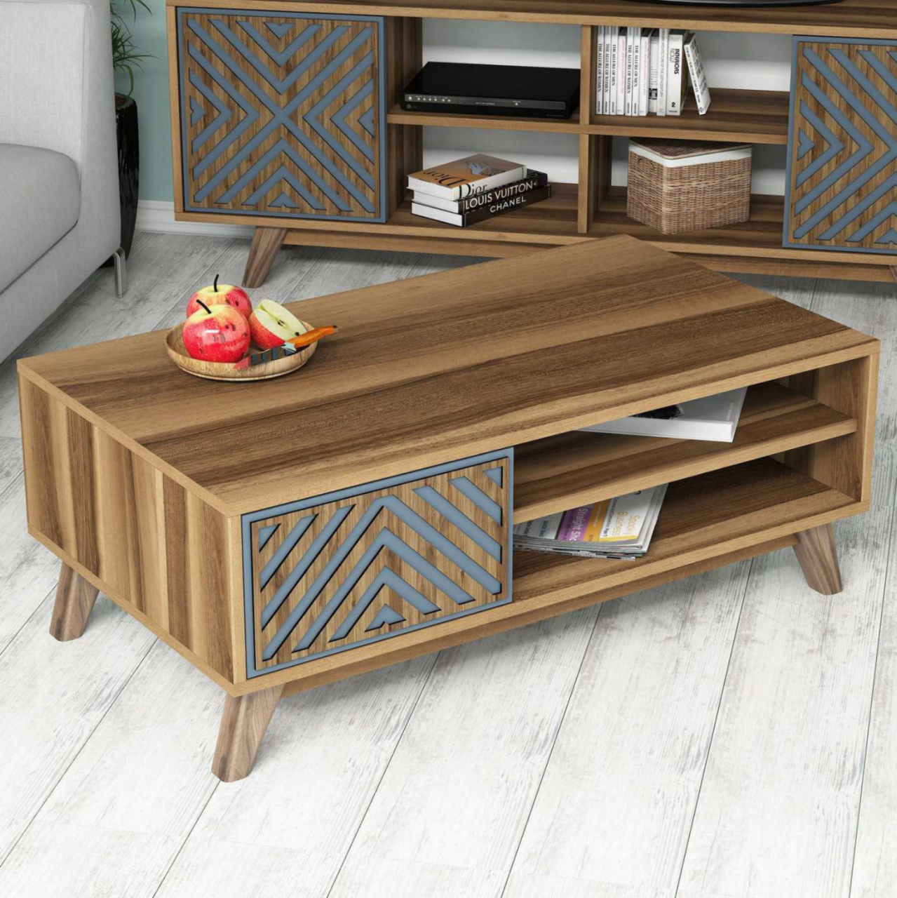 COFFEE TABLE HM9502.02 MELAMINE WITH CABINET WALNUT and BLUE 105x60x38.2Hcm. [3]