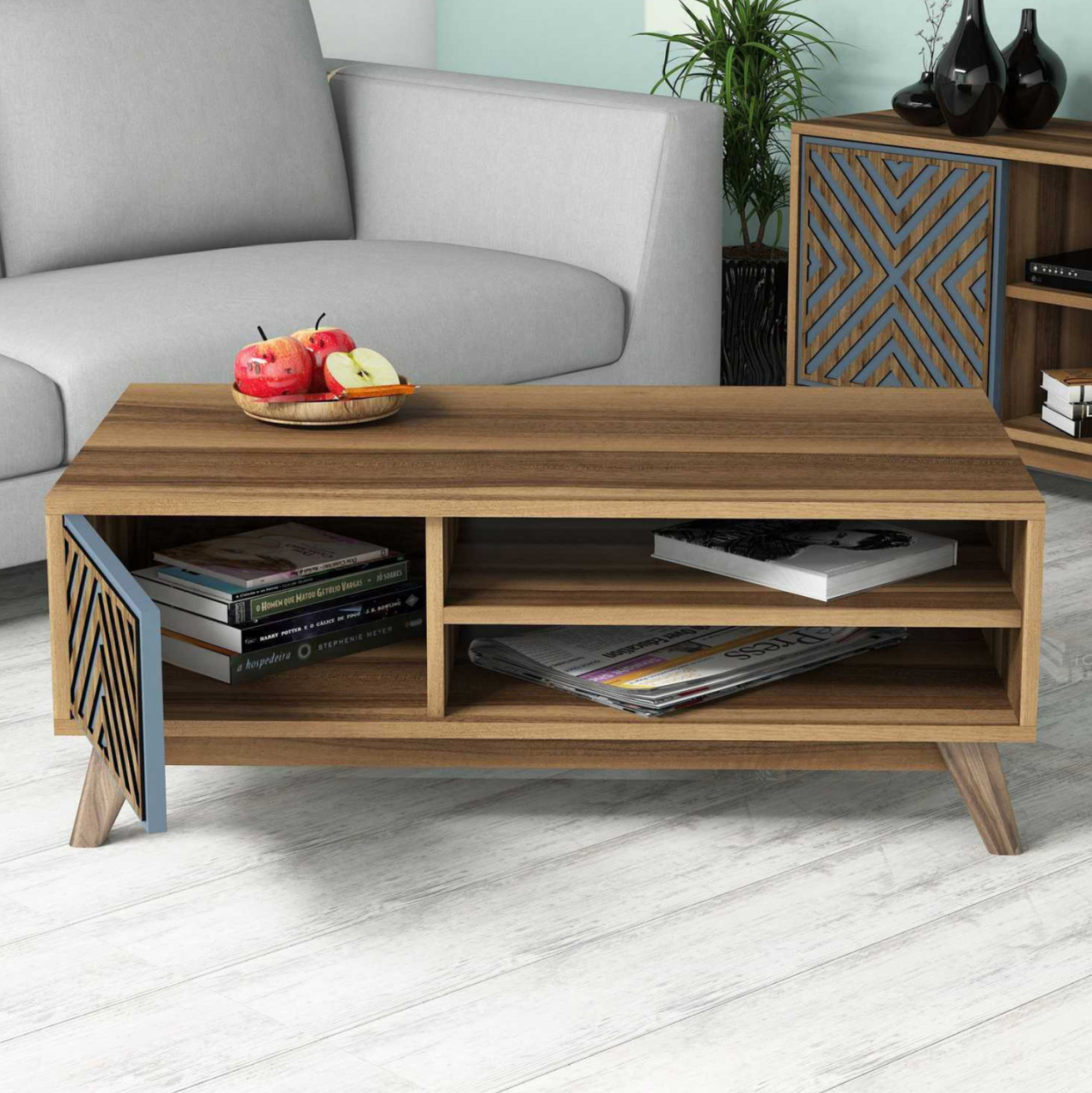 COFFEE TABLE HM9502.02 MELAMINE WITH CABINET WALNUT and BLUE 105x60x38.2Hcm. [5]
