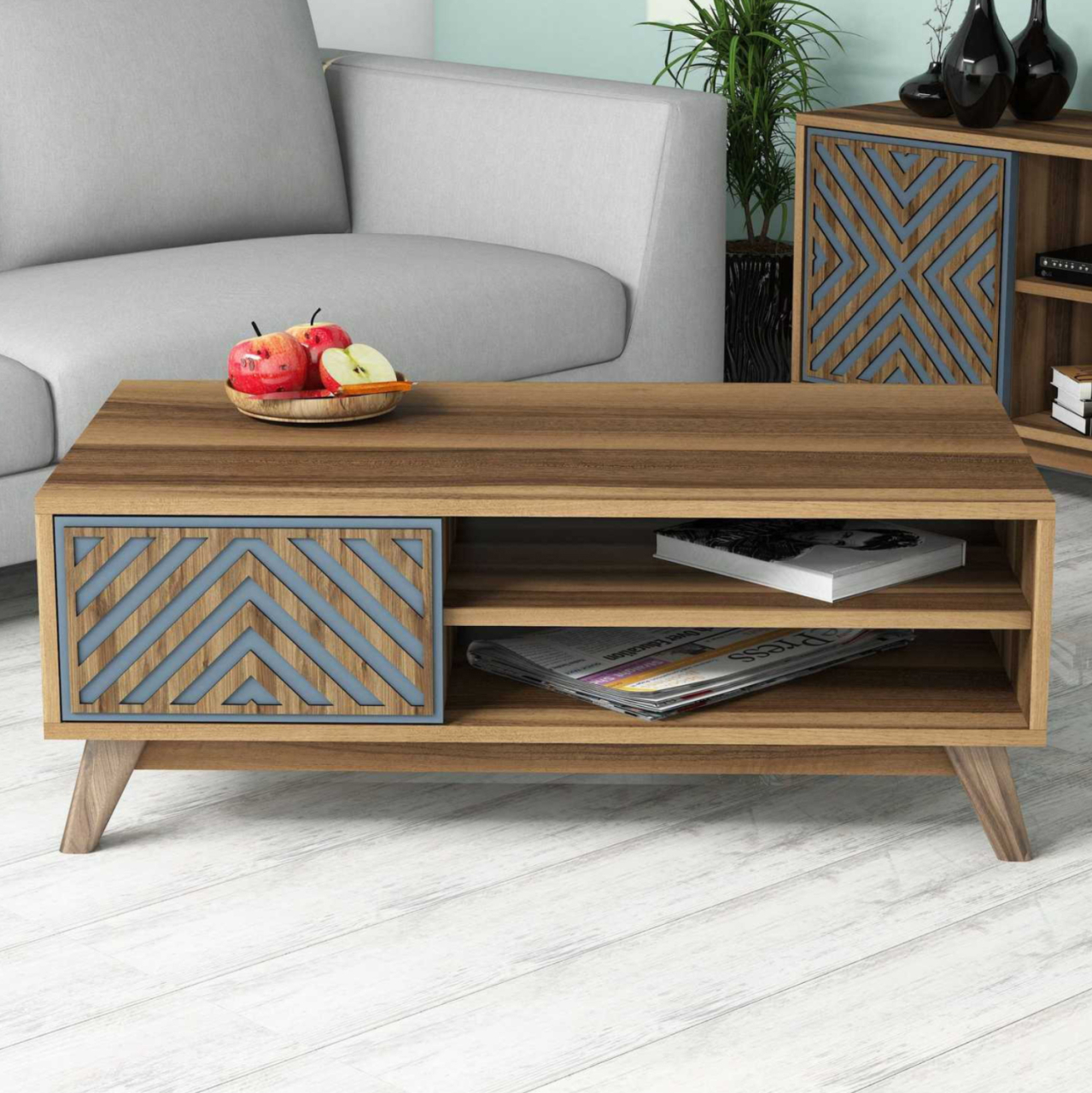 COFFEE TABLE HM9502.02 MELAMINE WITH CABINET WALNUT and BLUE 105x60x38.2Hcm. [4]