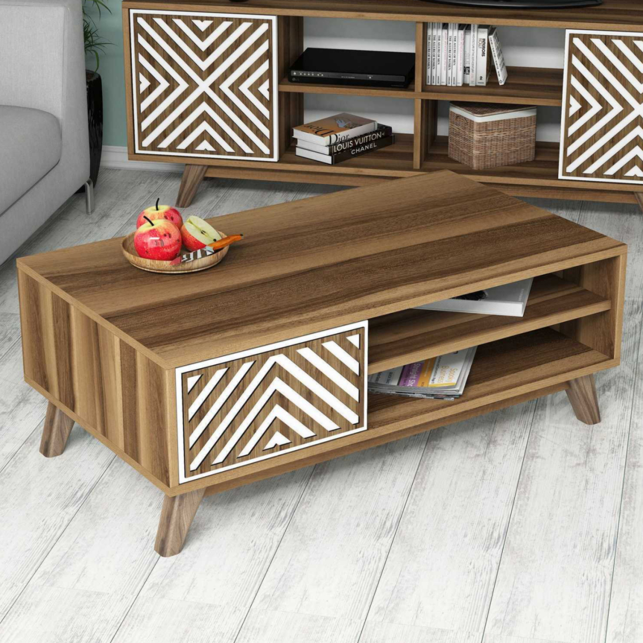 COFFEE TABLE HM9502.03 MELAMINE WITH CABINET WALNUT and WHITE 105x60x38.2Hcm. [3]