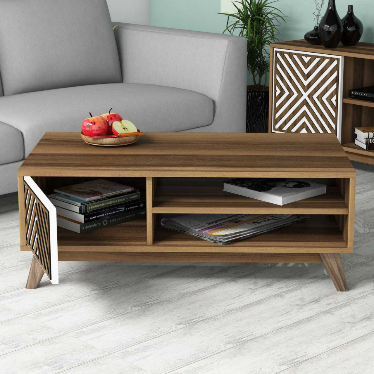 COFFEE TABLE HM9502.03 MELAMINE WITH CABINET WALNUT and WHITE 105x60x38.2Hcm. [5]
