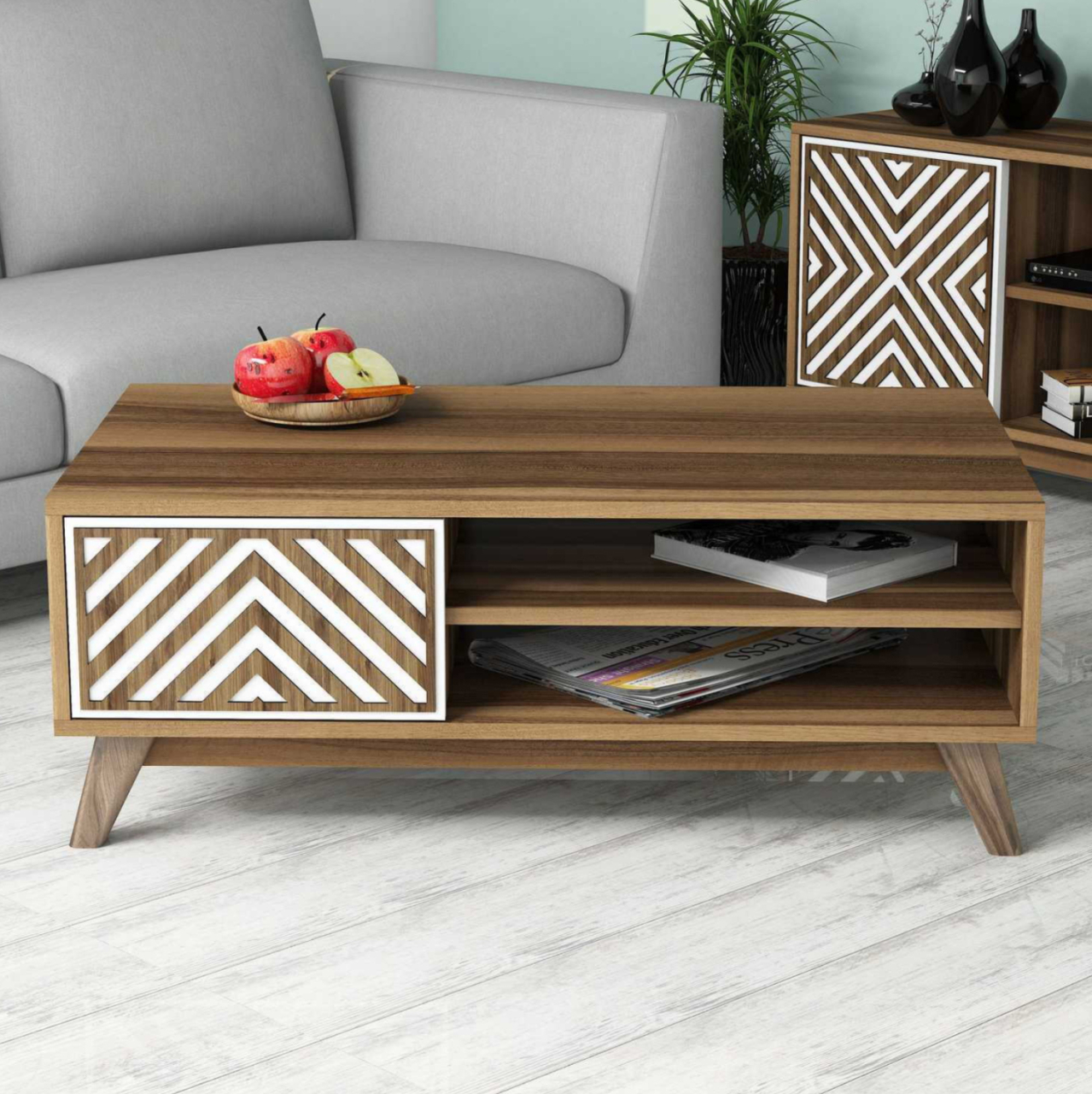 COFFEE TABLE HM9502.03 MELAMINE WITH CABINET WALNUT and WHITE 105x60x38.2Hcm. [4]
