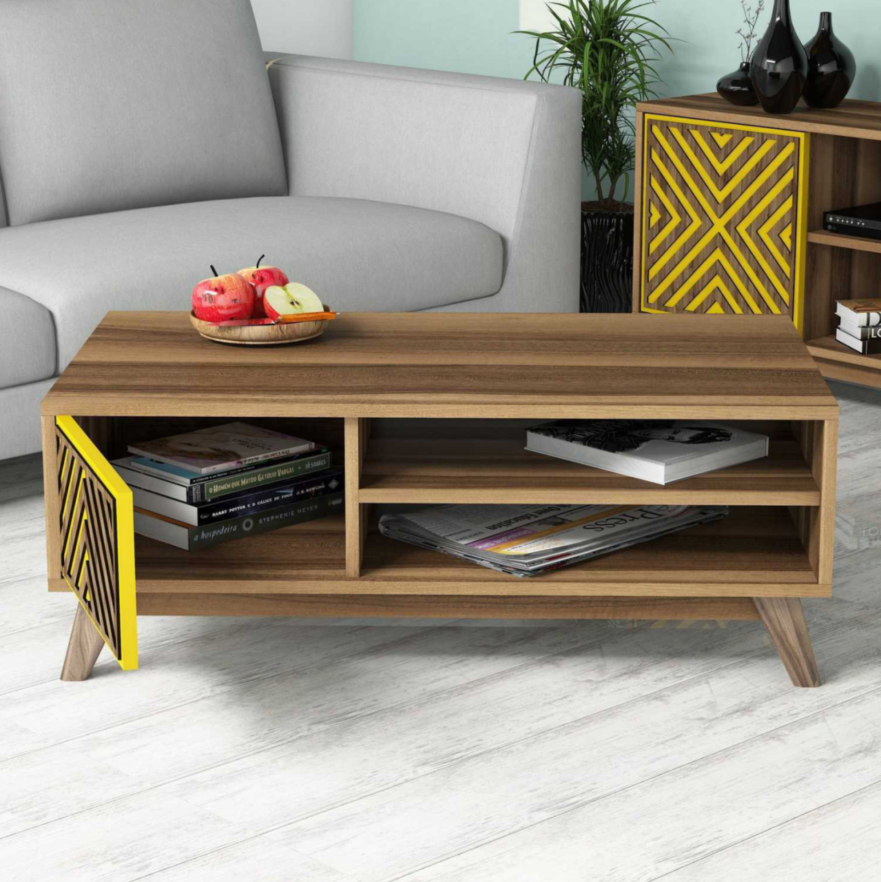 COFFEE TABLE HM9502.04 MELAMINE WITH CABINET WALNUT and YELLOW 105x60x38.2Hcm. [5]