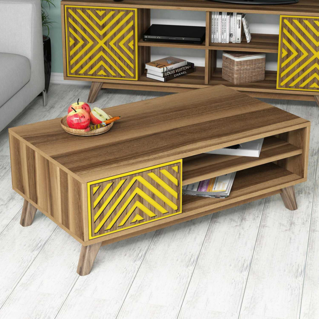 COFFEE TABLE HM9502.04 MELAMINE WITH CABINET WALNUT and YELLOW 105x60x38.2Hcm. [3]