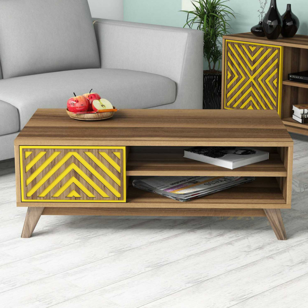 COFFEE TABLE HM9502.04 MELAMINE WITH CABINET WALNUT and YELLOW 105x60x38.2Hcm. [4]