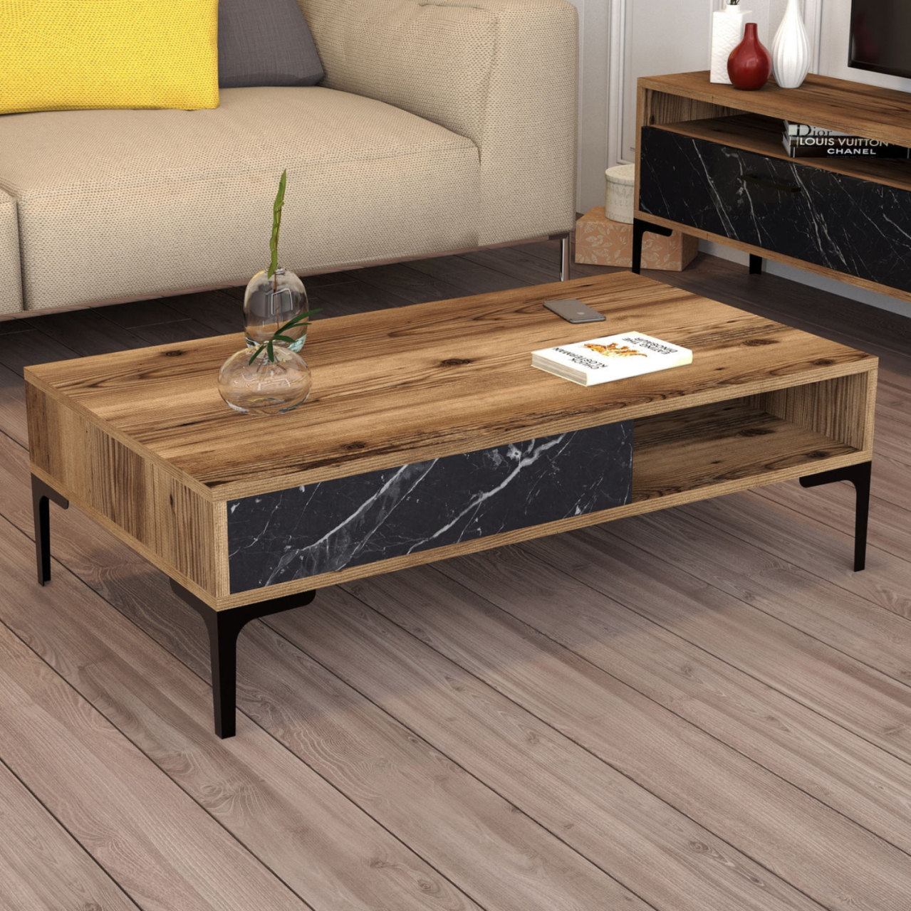 COFFEE TABLE HM9503.04 MELAMINE WALNUT-BLACK MARBLE LOOK and METAL LEGS 105x60x32.6Hcm. [3]